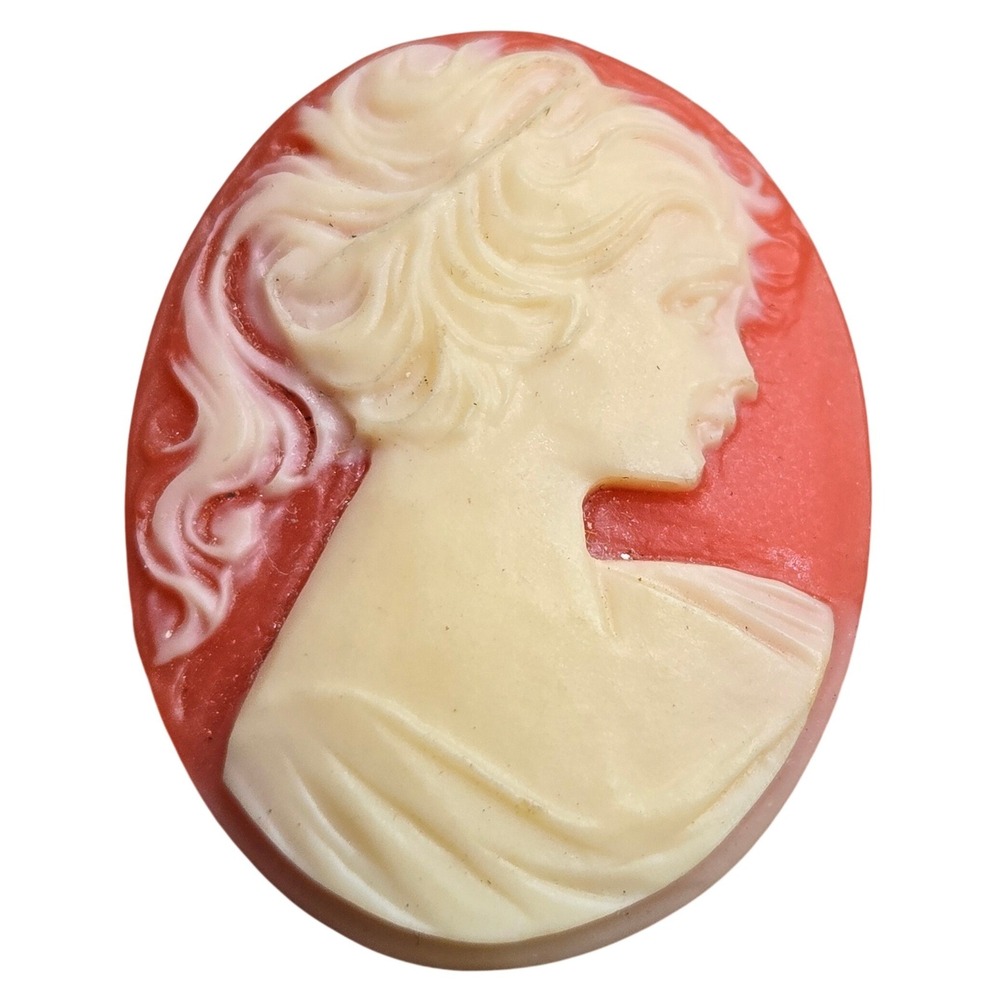 Vintage Coral Pink Resin Cameo Brooch Pin Ponytail Girl Oval Carnelian Ivory